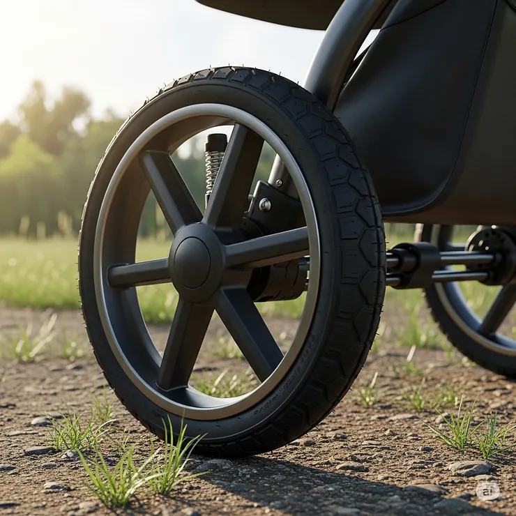 A detailed image of the durable, all-terrain wheels on a baby bassinet stroller, indicating a smooth ride.