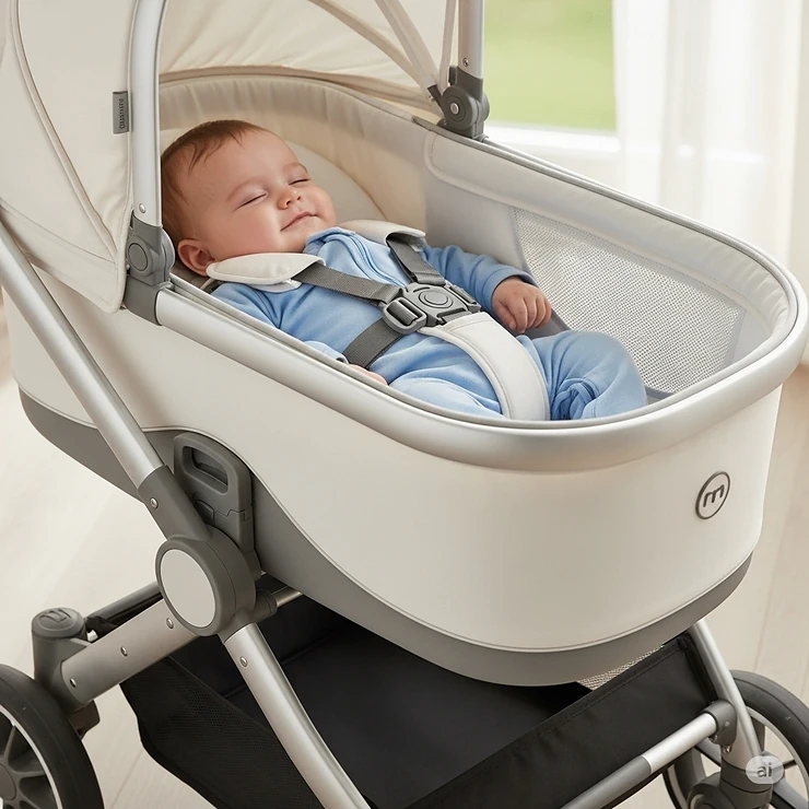 A happy baby sleeping peacefully inside a bassinet stroller, highlighting the comfort and safety features for newborns.