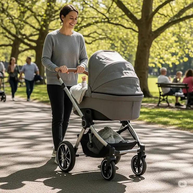 A parent smiling while strolling with a baby bassinet stroller in a park, emphasizing its ease of use and stylish design.
