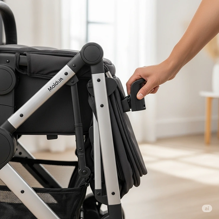 Compact, one-hand fold of a convertible stroller, ideal for easy storage and transport.