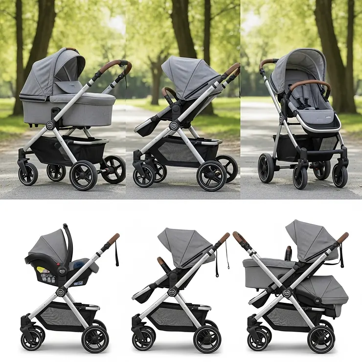 Parent pushing a versatile convertible stroller with an infant car seat and toddler seat attached, demonstrating its adaptability for growing families.