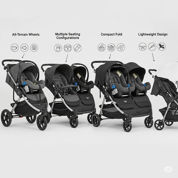 A comparison of different popular double strollers designed to work seamlessly with an infant car seat, showcasing their various features.