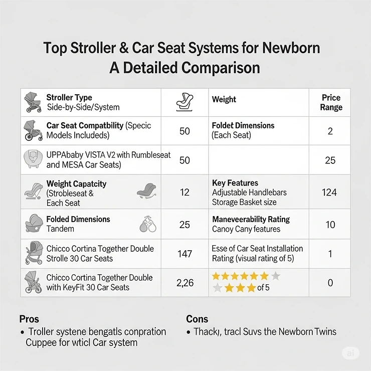 A comparison table or grid showing key features of the best stroller and car seat travel systems for newborn twins.
