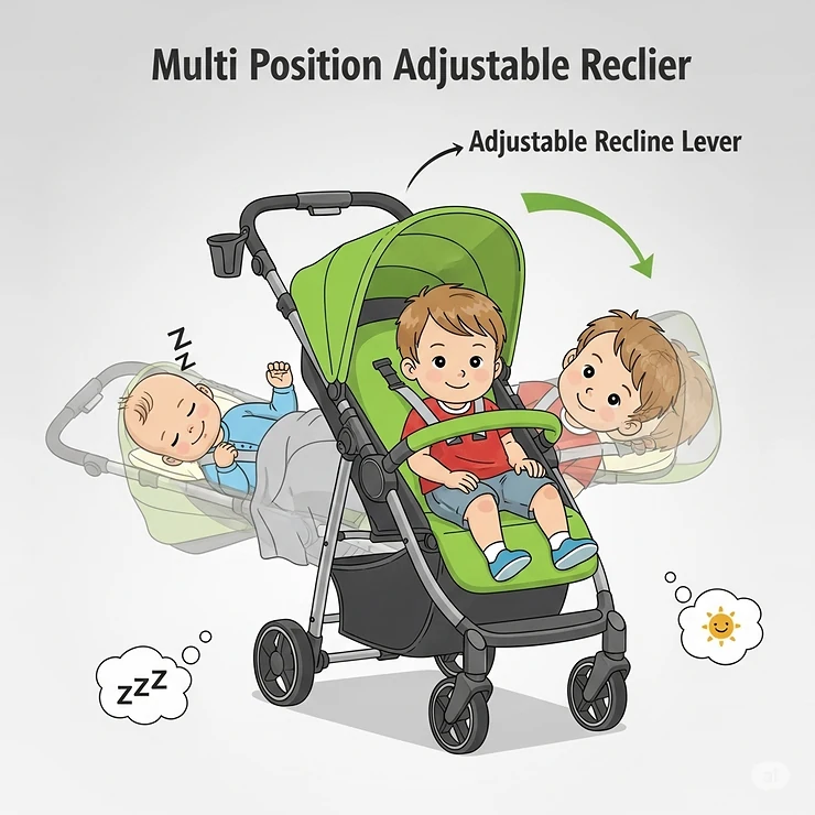An illustration showcasing the multi-position adjustable recline feature of a best budget stroller, perfect for napping infants or toddlers.