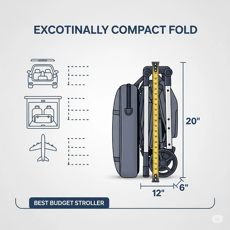 An illustration demonstrating the incredibly compact fold of a best budget stroller, highlighting how little space it takes up for storage or transport.