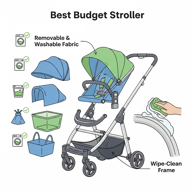 Graphic depicting how easy it is to clean and maintain a best budget stroller, with removable, washable fabric components.