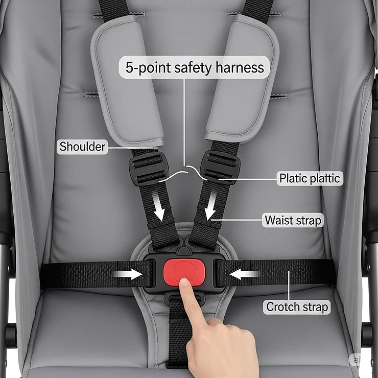 An illustration highlighting the secure 5-point safety harness system found in a reliable best budget stroller, ensuring child safety.