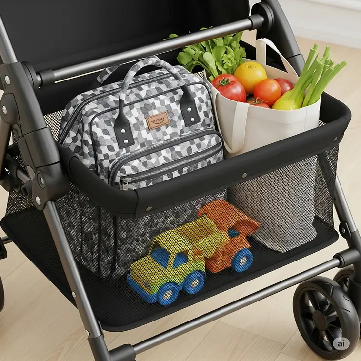 Detailed illustration of the spacious storage basket underneath a best budget stroller, ideal for carrying diaper bags, groceries, and other essentials.