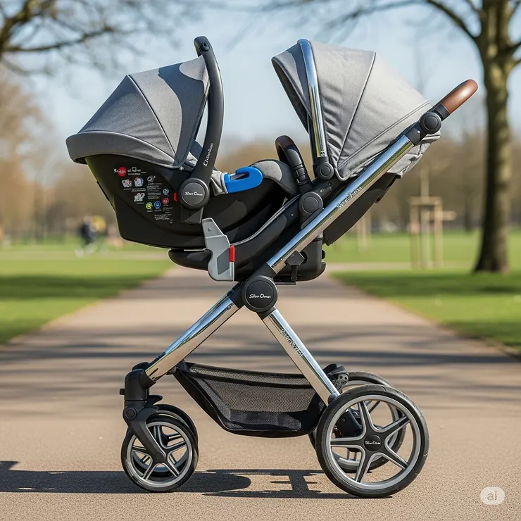 A Silver Cross buggy with a compatible car seat attached, illustrating its convenient travel system functionality.
