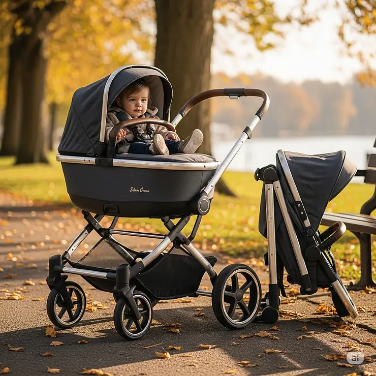 A Silver Cross Coast buggy shown in a sleek charcoal color, highlighting its versatile design that can adapt to a growing family's needs.