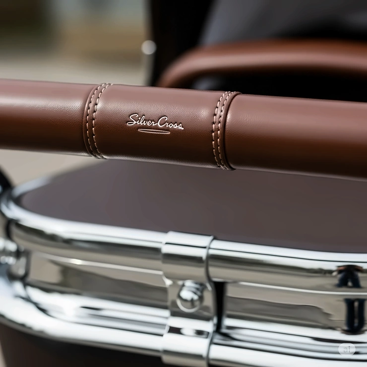 A close-up shot of the luxurious leather handle and polished chrome chassis on a Silver Cross buggy, showcasing the premium materials.
