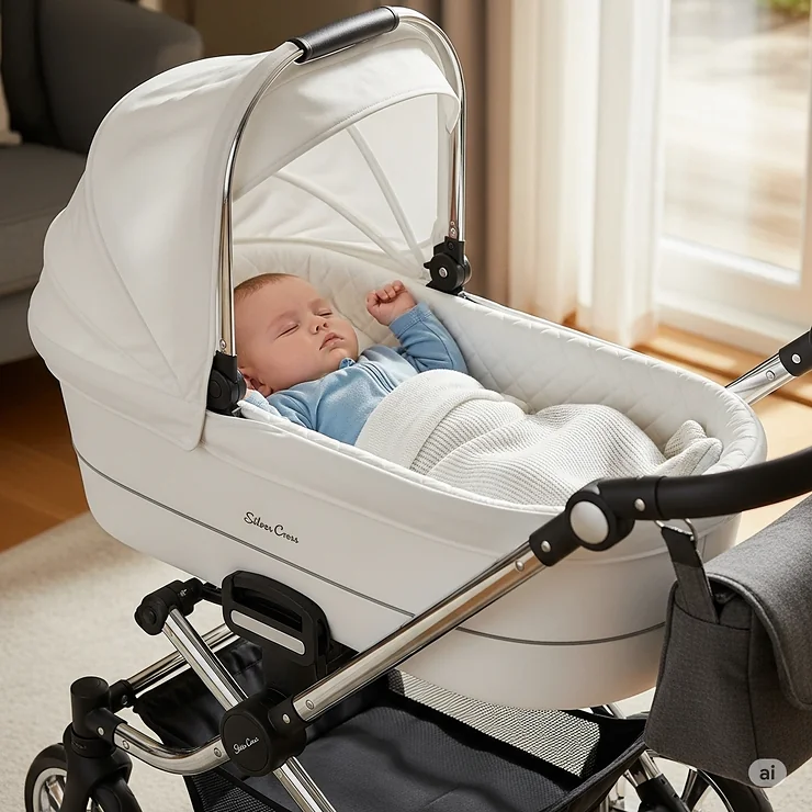 An infant comfortably sleeping in a Silver Cross bassinet attachment, emphasizing the buggy's comfort and safety features.