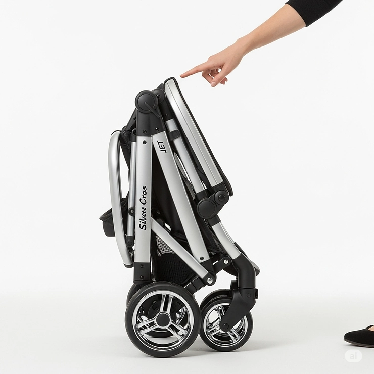 The ultra-compact Silver Cross Jet buggy, praised for its one-handed fold and small size, making it perfect for travel.