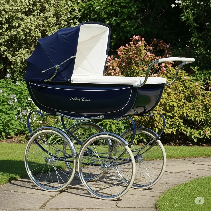 A classic Silver Cross pram, known for its timeless style and superior craftsmanship, perfect for parents who value elegance and tradition.