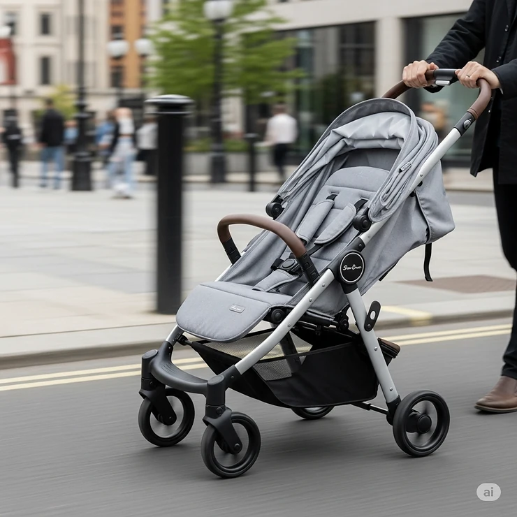 The Silver Cross Wayfarer buggy, a lightweight and compact stroller ideal for city life and navigating busy streets with ease.