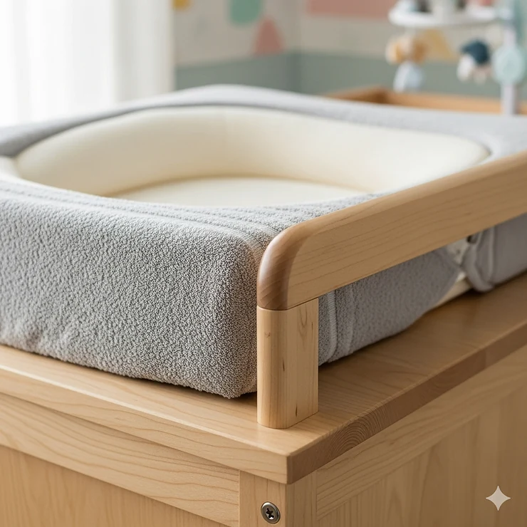 A close-up of a contoured changing pad and safety rail on the attached changing table.