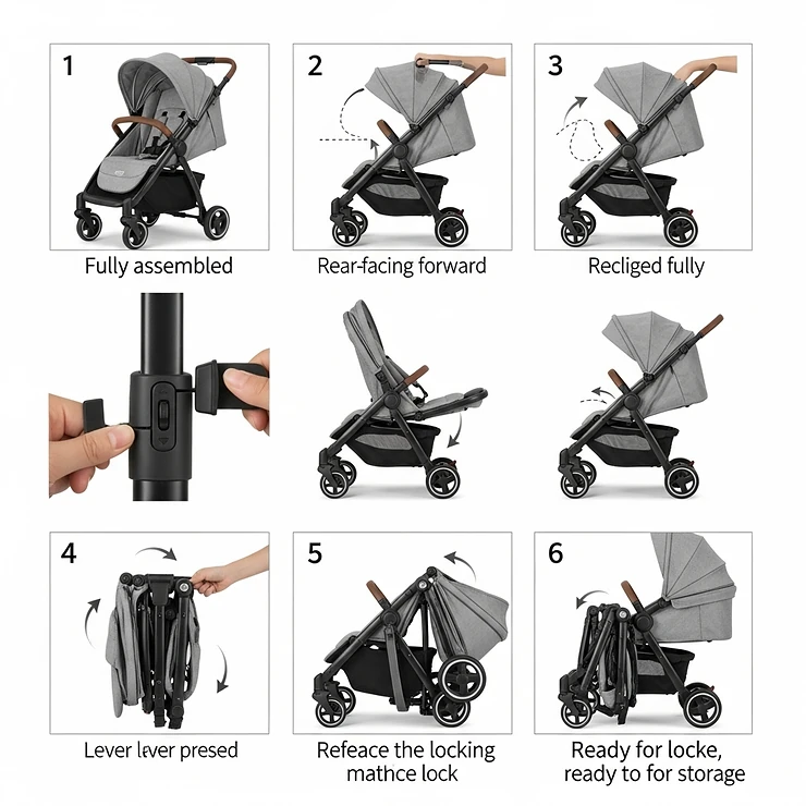 Step-by-step diagram illustrating how to easily collapse a rear-facing stroller for storage.