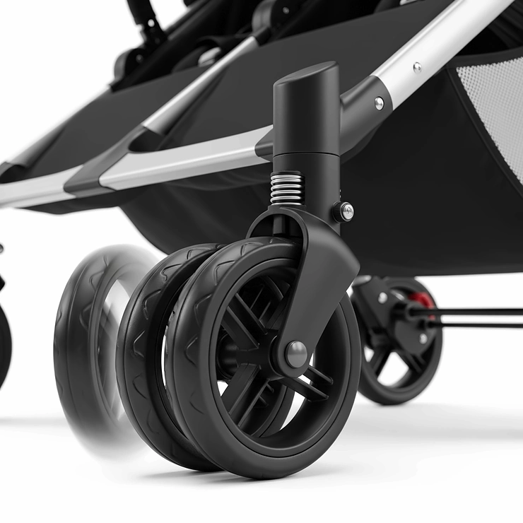 A close-up of the wheels on a compact double stroller, highlighting the smooth ride and swivel functionality.