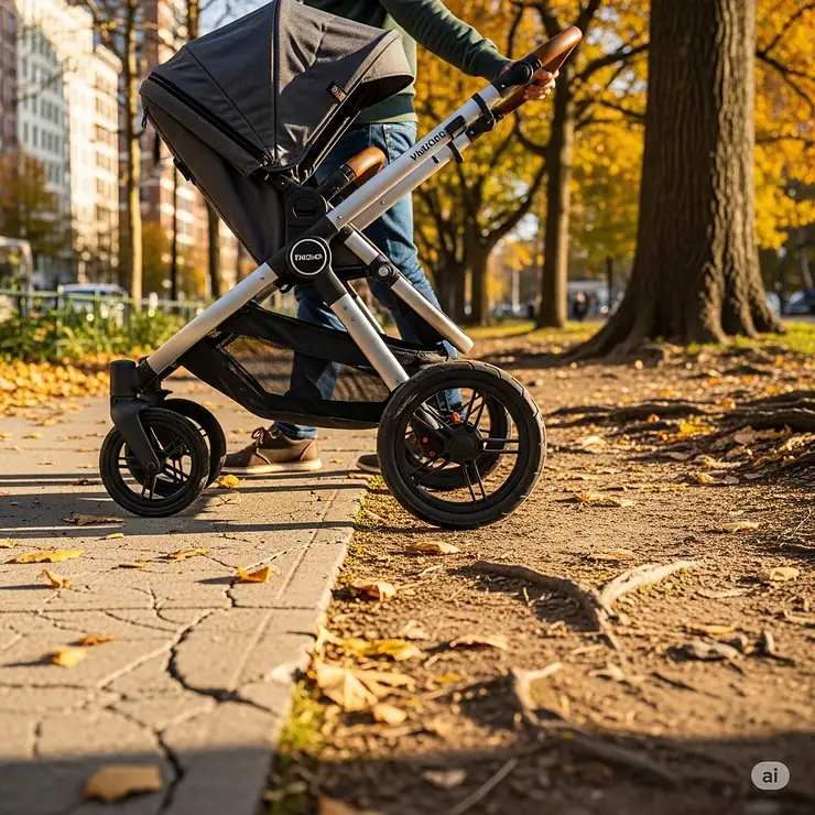 Convertible stroller with durable wheels navigating various terrains, from city sidewalks to park trails.