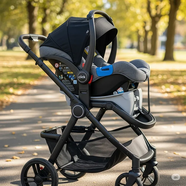 Infant car seat securely clicked into a convertible stroller frame, perfect for newborns.