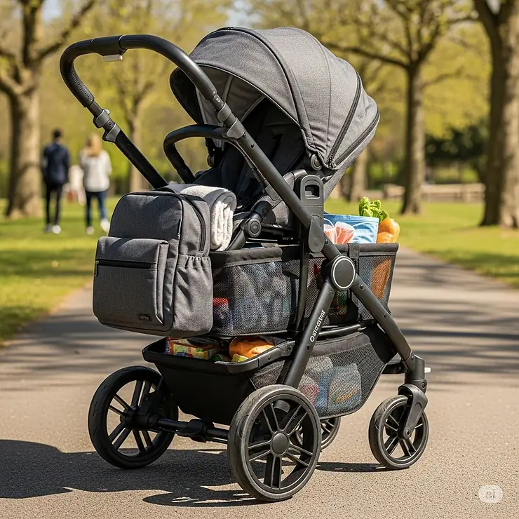 Convertible stroller featuring a spacious under-seat storage basket for diaper bags and groceries.