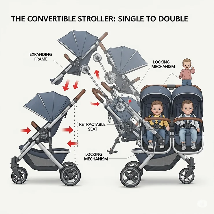 Illustration showing a single convertible stroller transforming into a double stroller for two children.