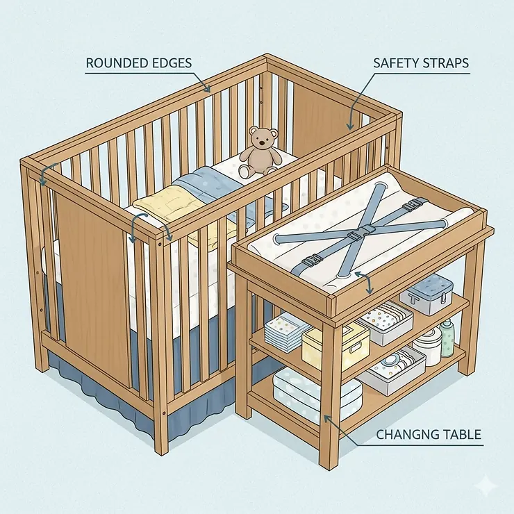 An illustration highlighting the safety features of a crib and changing table combo, including safety straps and rounded edges.
