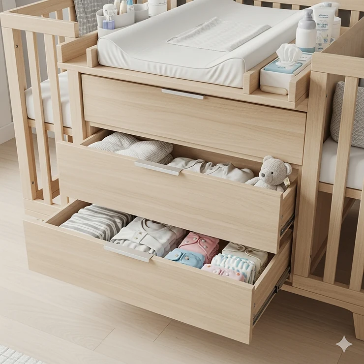 A detailed shot of the convenient storage drawers beneath the changing table on a modern baby crib.