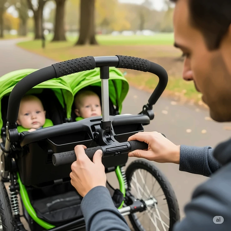 A parent adjusting the ergonomic handlebar on a double infant jogging stroller for personalized comfort.