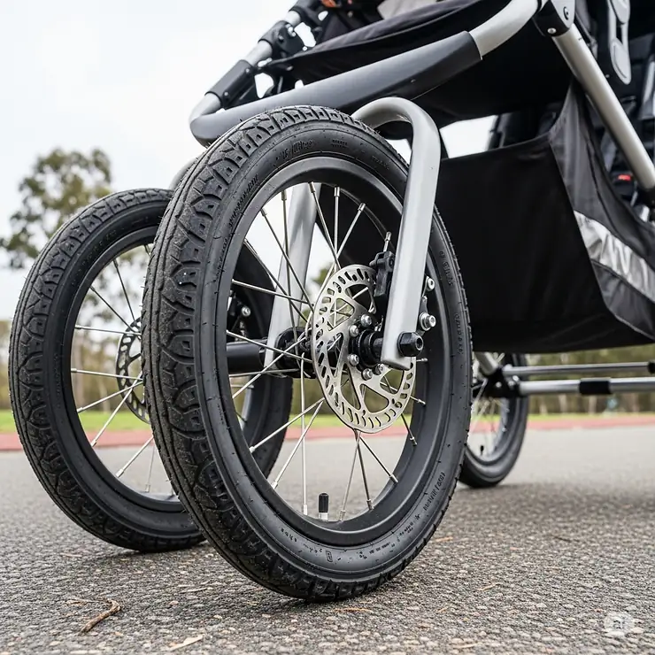 Close-up of the all-terrain air-filled tires on a double infant jogging stroller, providing a smooth ride.