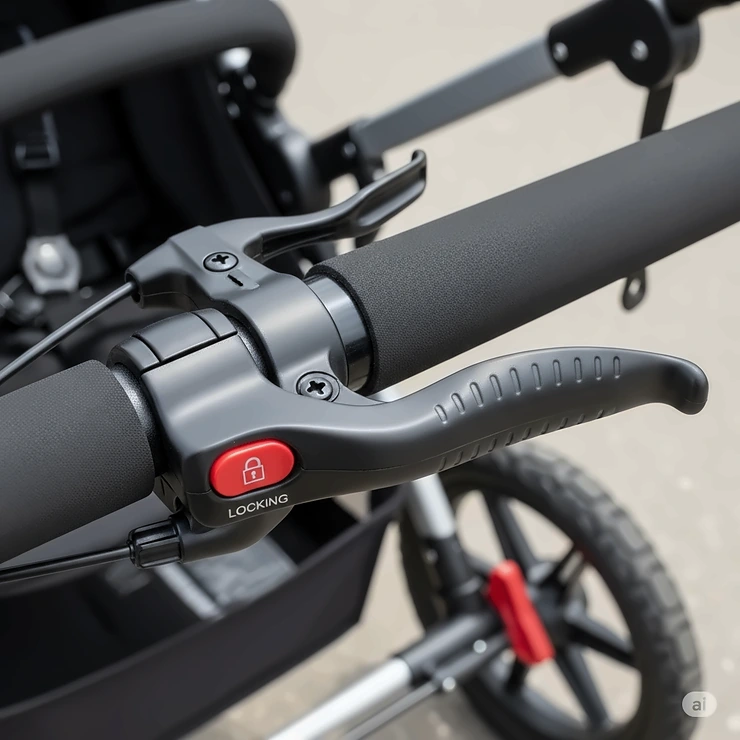 The user-friendly handbrake system on a double infant jogging stroller, ensuring safety during downhill runs.