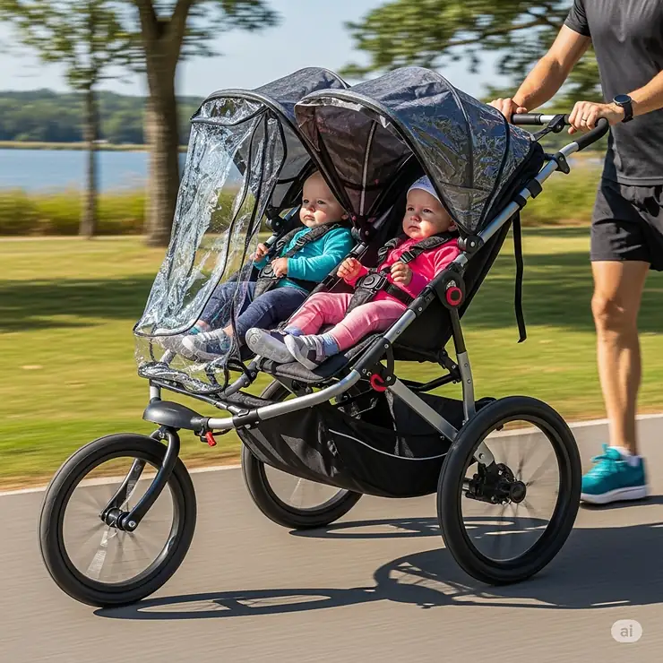 A modern double infant jogging stroller, designed for parents with two small children who want to stay active.