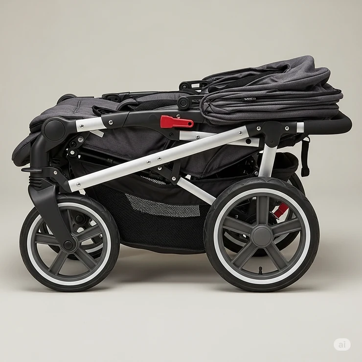 A compact, folded double infant jogging stroller, ready for easy storage and travel.