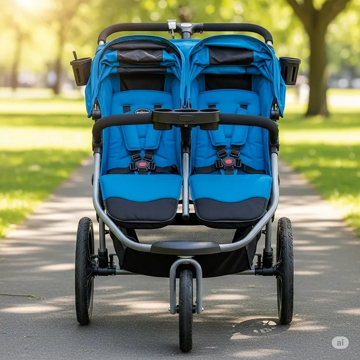 Front view of a double infant jogging stroller with two side-by-side seats, each with a secure five-point harness.