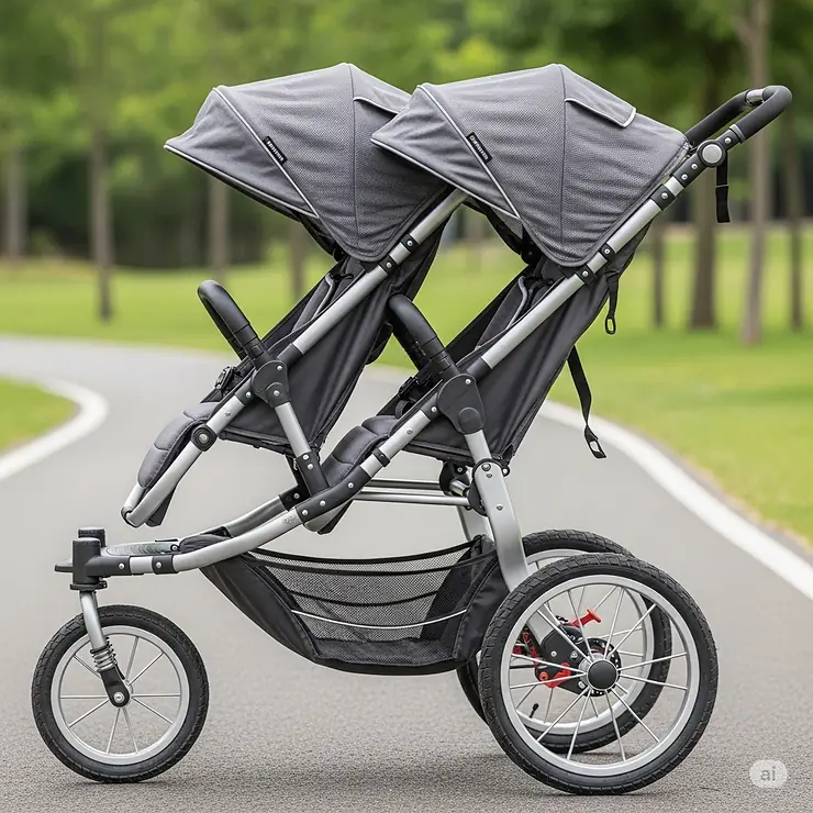 Side view of a double infant jogging stroller showcasing its lightweight frame and large wheels.