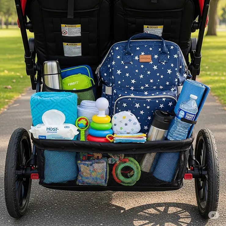 The spacious under-seat storage basket on a double infant jogging stroller, perfect for carrying essentials on the go.