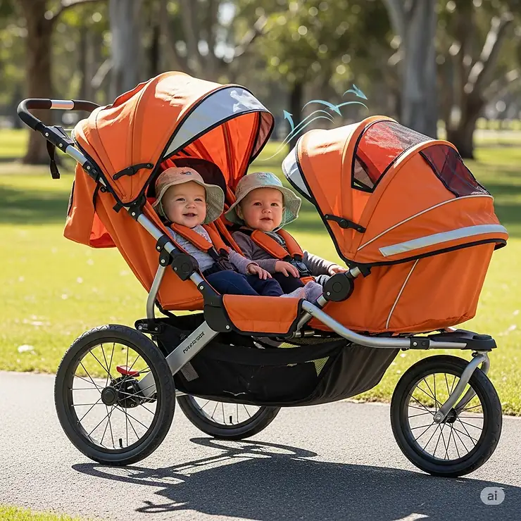 The large, individual sun canopies on a double infant jogging stroller protecting infants from UV rays.