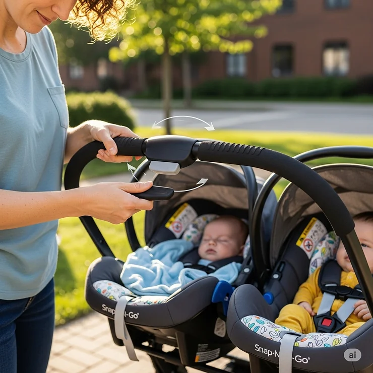 A parent adjusting the ergonomic, multi-position handlebar on the double snap and go stroller for comfortable pushing.