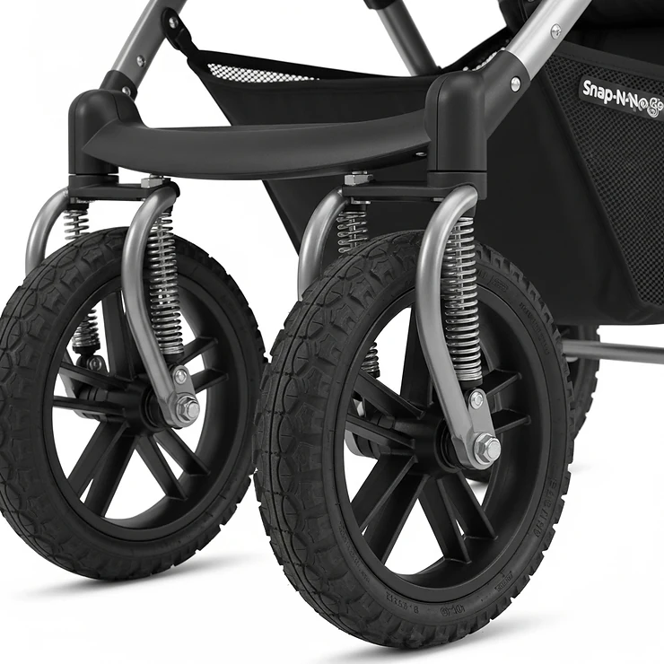 A detailed shot of the sturdy, all-terrain wheels and suspension system of the double snap and go stroller, ensuring a smooth ride.