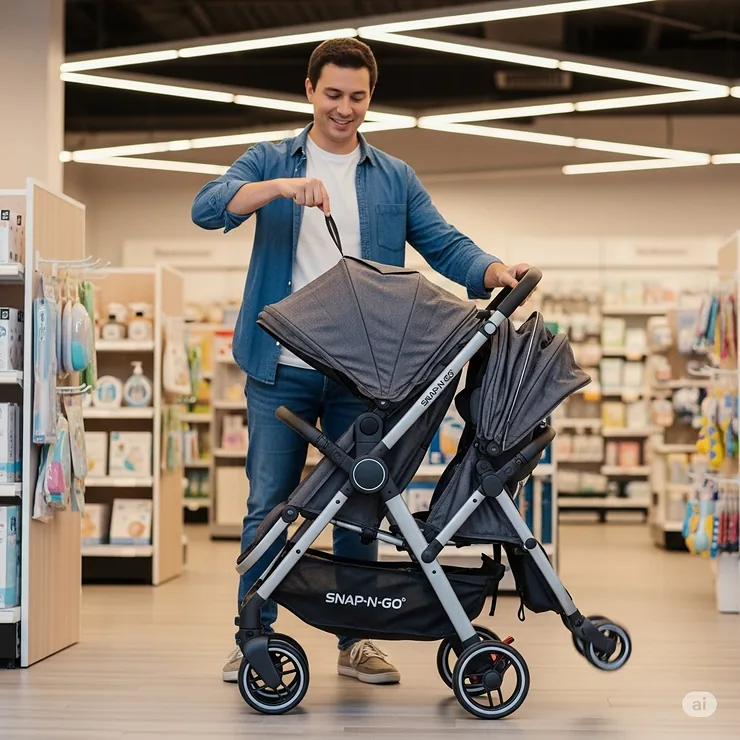 A parent demonstrating the compact, one-hand fold of the double snap and go stroller for easy storage.