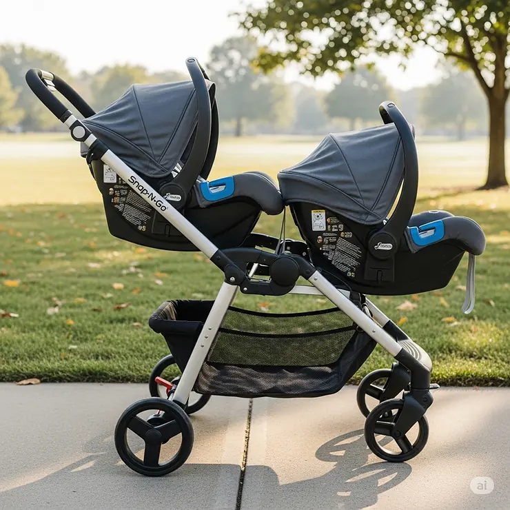 A side view of the double snap and go stroller with two infant car seats securely clicked into the frame, ready for a walk.