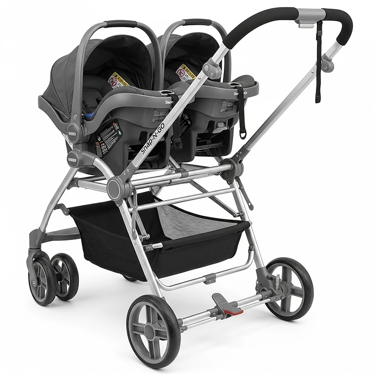 An image showing the lightweight aluminum frame of the double snap and go stroller fully unfolded, ready for use.