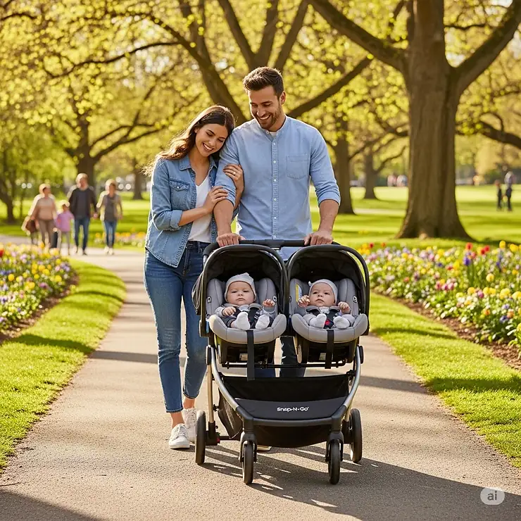 A young family smiling while taking a walk in the park with their double snap and go stroller with two babies inside.
