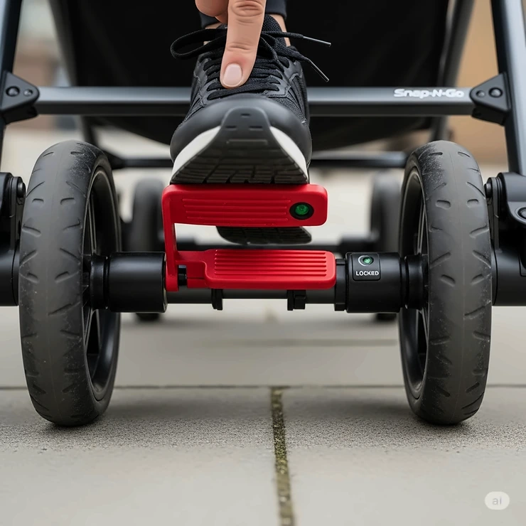 A close-up of the easy-to-use foot-activated brake on the rear wheels of the double snap and go stroller, highlighting safety.