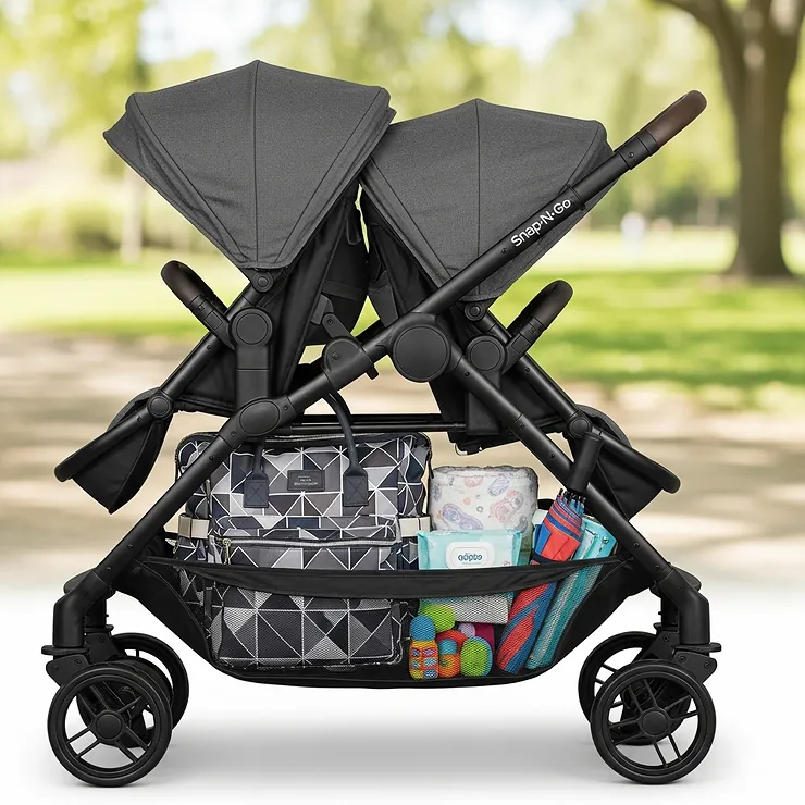 A large, accessible storage basket underneath the seats of the double snap and go stroller, filled with a diaper bag and other essentials.