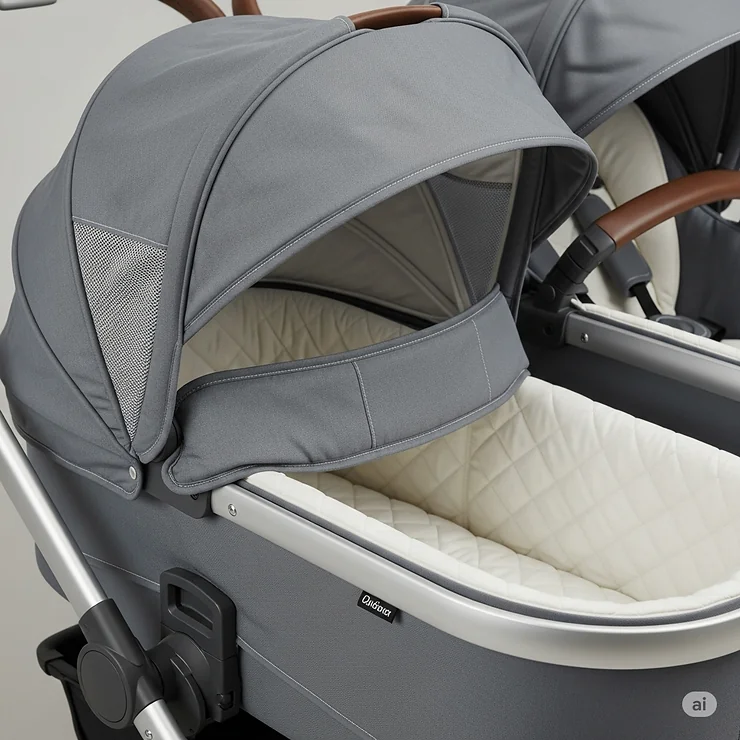 A close-up shot of the detachable bassinet on the double stroller, highlighting its plush interior and adjustable canopy.