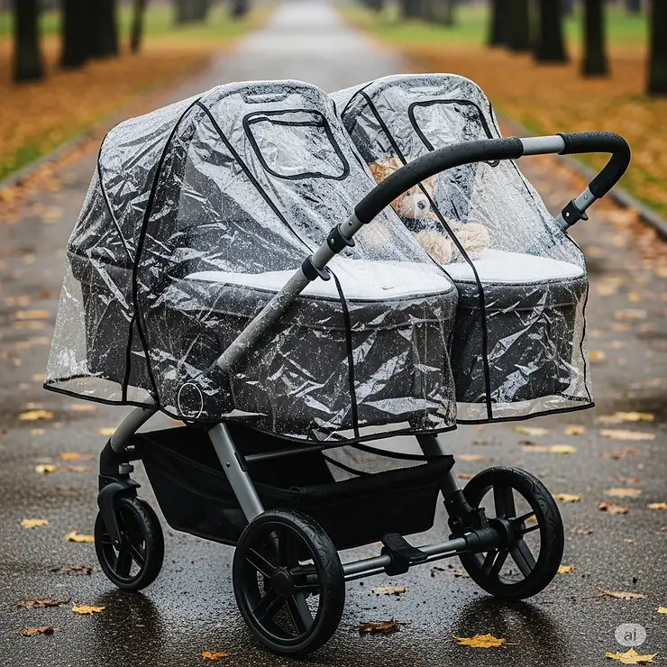 A rain cover installed over the bassinet and seat on the double stroller, providing protection from the elements.