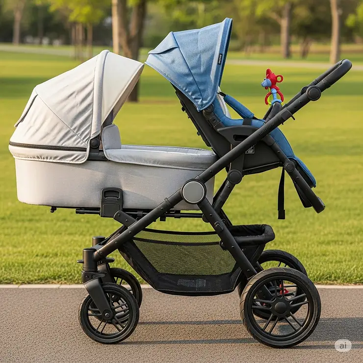 Side view of a double stroller with bassinet in the front for a newborn and a regular seat in the back for a toddler.