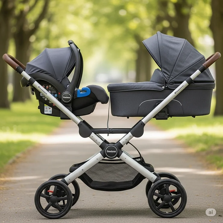 A car seat connected to the double stroller frame, illustrating its use as a complete travel system with the bassinet.