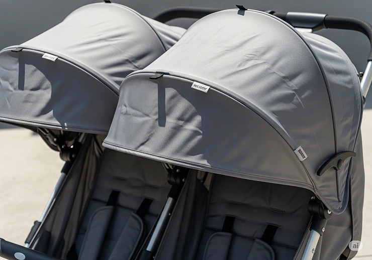 A detail shot of the large, independent canopies on the double umbrella stroller, providing sun protection for both passengers.